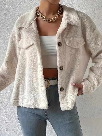 Collared Neck Button Up Jacket with Decorative Pocket Flaps-Angel Casuals