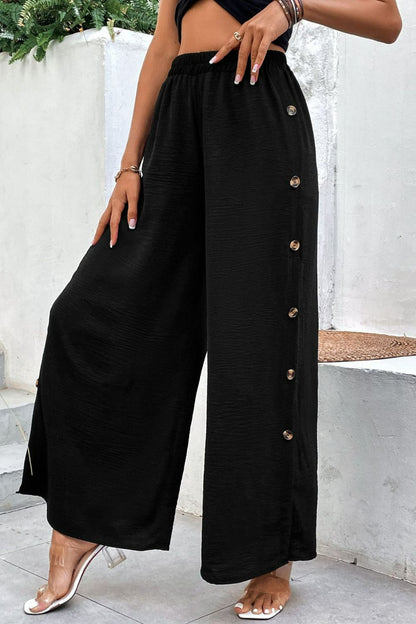 Button Detail Elastic Waist Wide Leg Pants-Angel Casuals