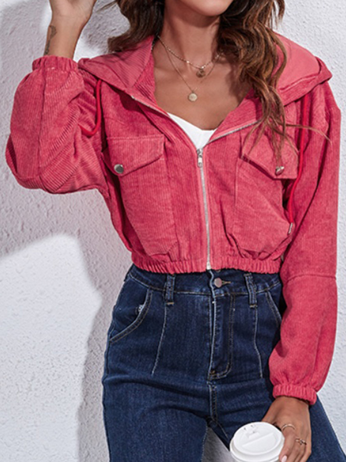 Drawstring Hooded Zip Up Jacket with Pockets-Angel Casuals