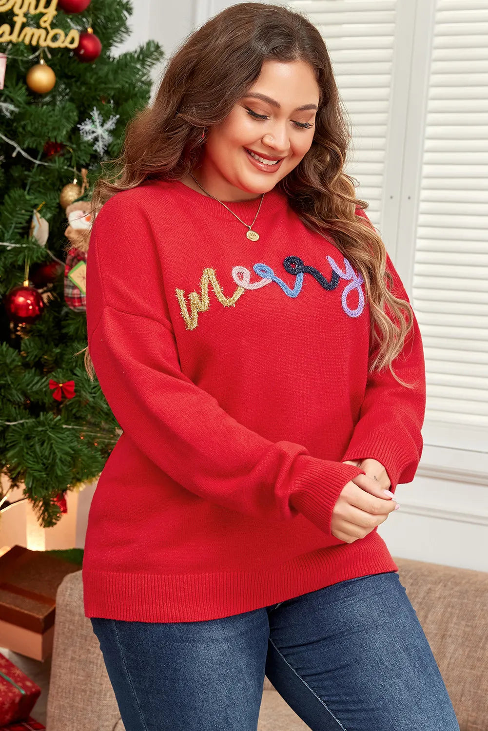 Plus Size MERRY Round Neck Long Sleeve Sweater-Angel Casuals