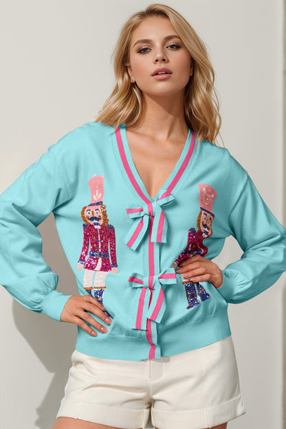 Double Take Full Size Nutcracker Sequin Bow Decor Cardigan-Angel Casuals