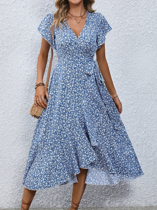 Printed Surplice Flutter Sleeve Midi Dress-Angel Casuals