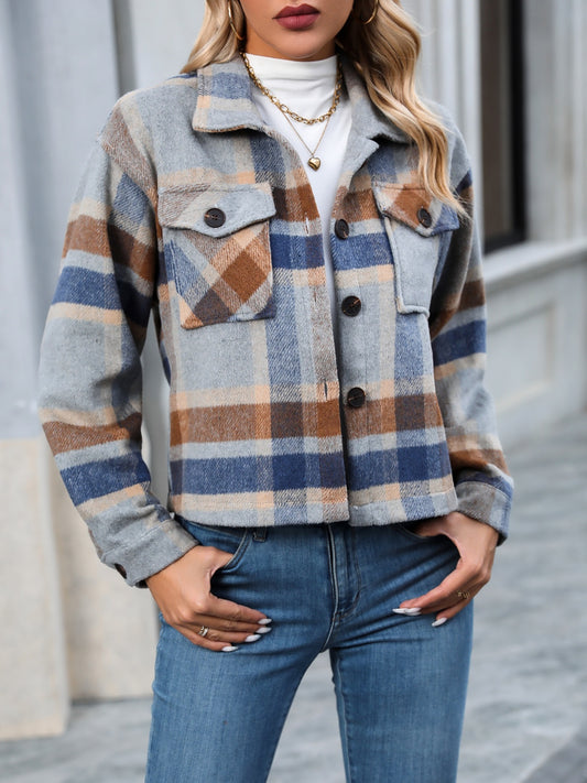 Plaid Button Up Jacket with Pockets-Angel Casuals