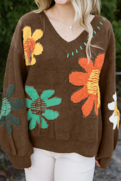 Flower V-Neck Dropped Shoulder Sweater-Angel Casuals