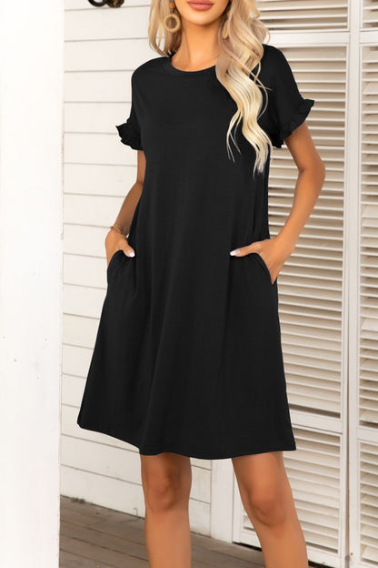 Flounce Sleeve Round Neck Dress with Pockets-Angel Casuals