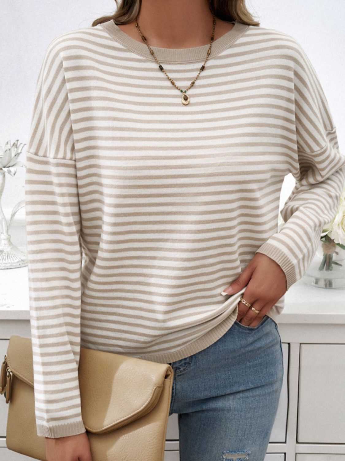 Devine Striped Round Neck Dropped Shoulder Sweater-Angel Casuals