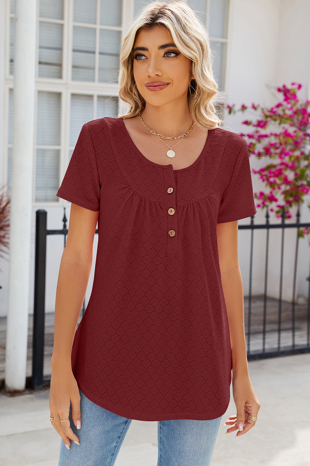 Eyelet Quarter Button Short Sleeve T-Shirt-Angel Casuals