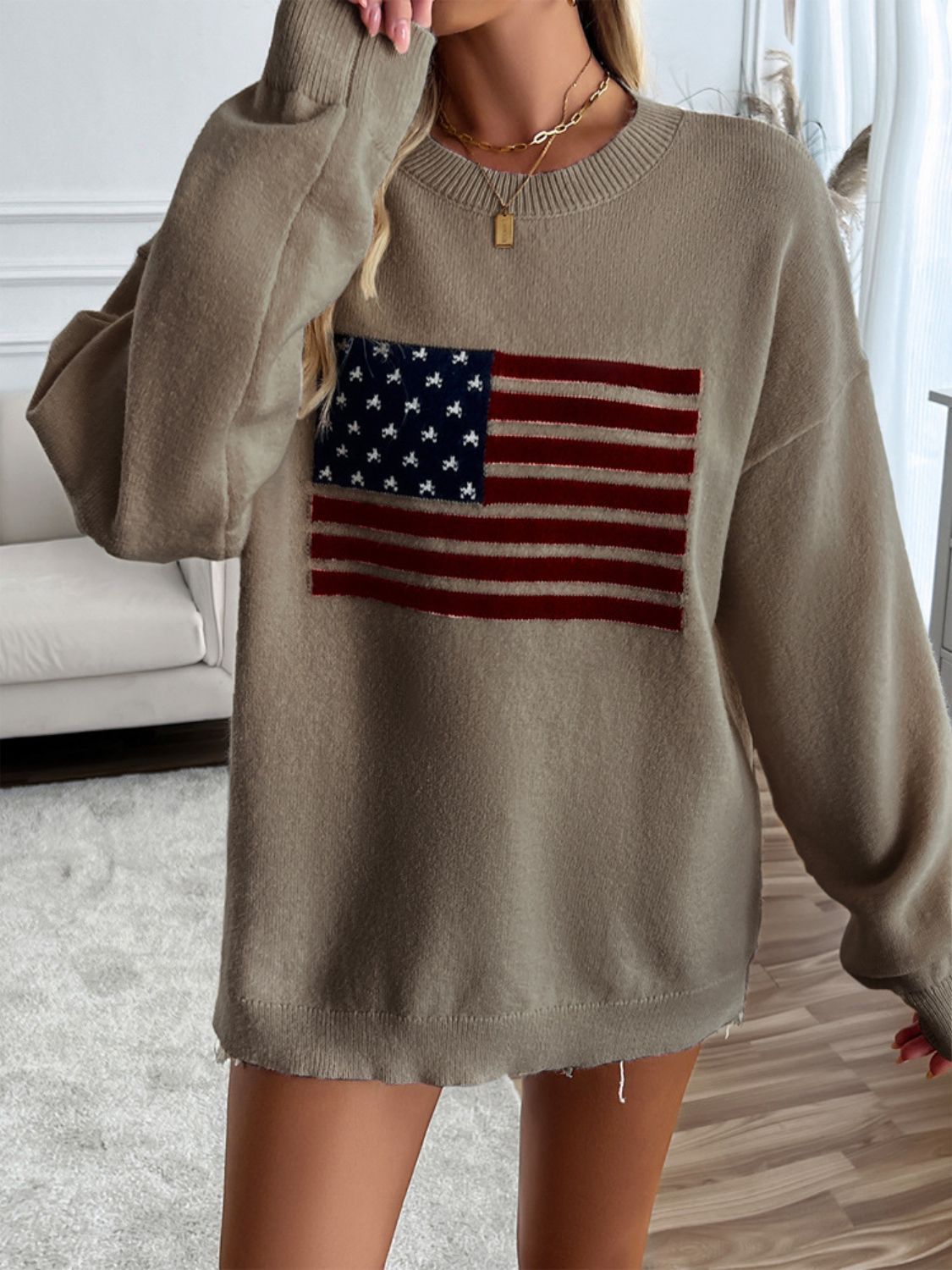 Devine US Flag Round Neck Long Sleeve Knit Top-Angel Casuals