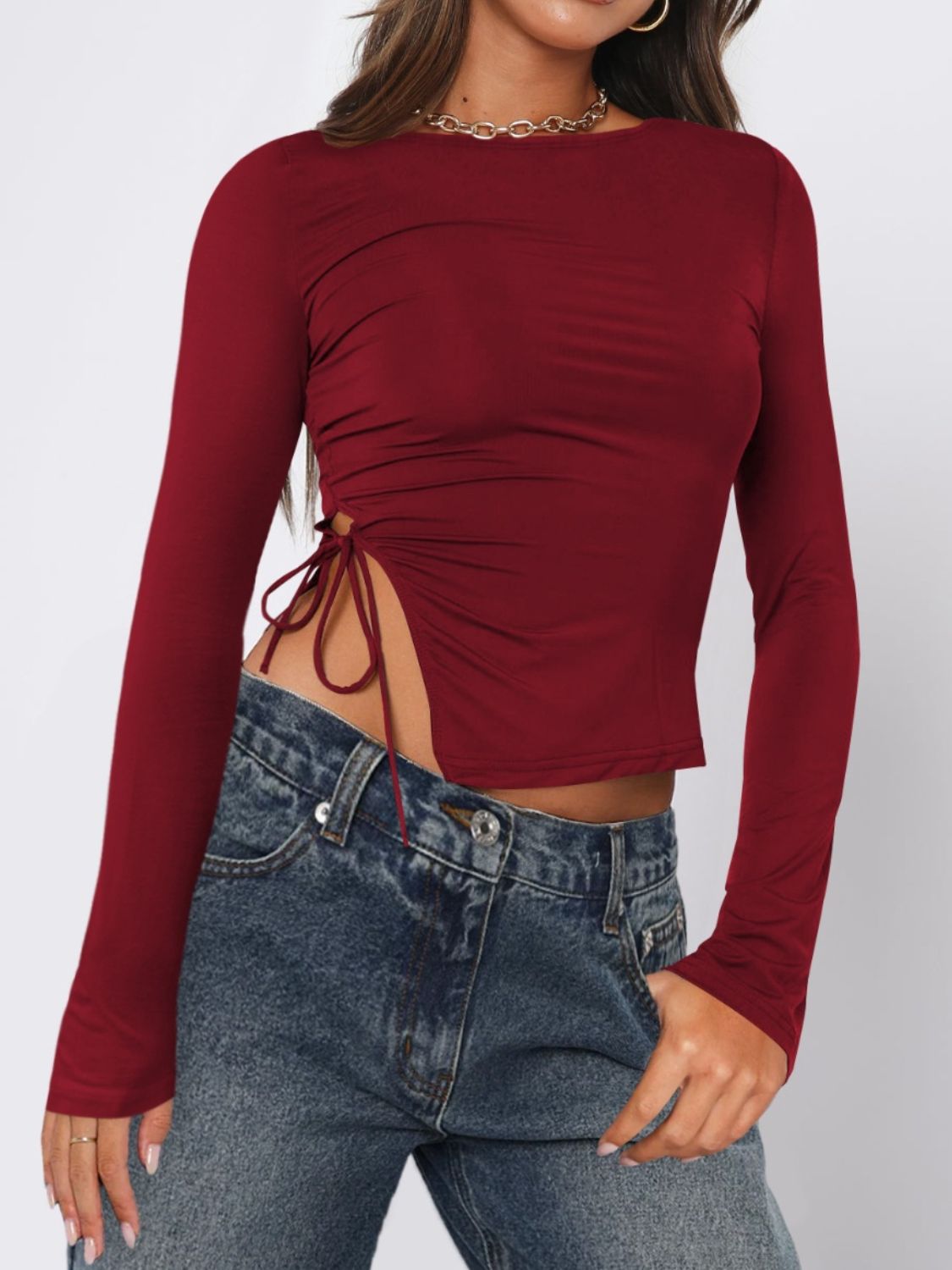 Tied Slit Round Neck Long Sleeve T-Shirt-Angel Casuals