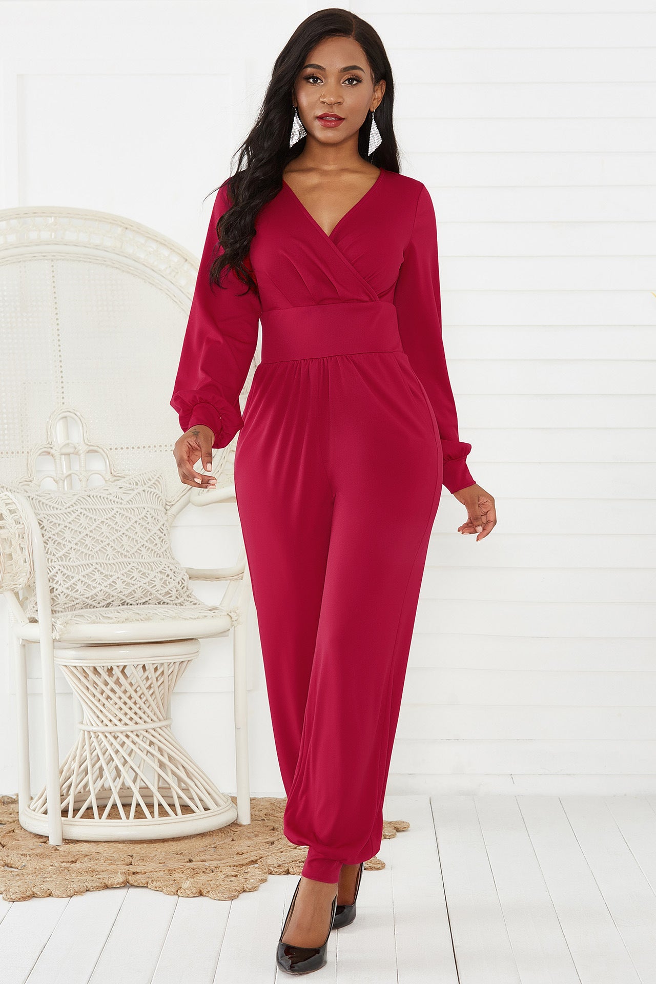 Gathered Detail Surplice Lantern Sleeve Jumpsuit-Angel Casuals