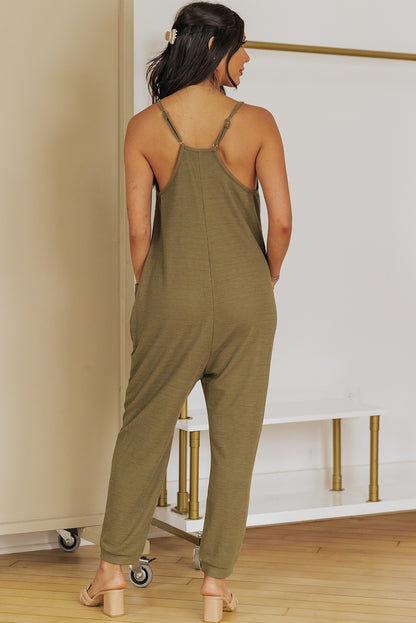 Spaghetti Strap Deep V Jumpsuit with Pockets-Angel Casuals