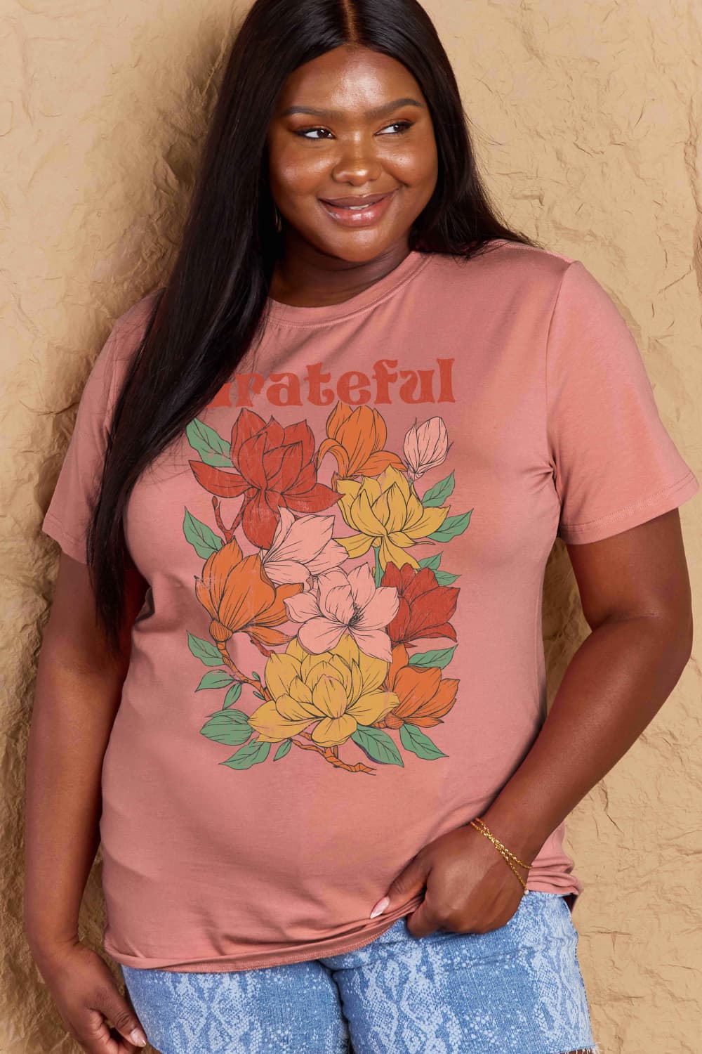 Simply Love Full Size GRATEFUL Flower Graphic Cotton T-Shirt-Angel Casuals