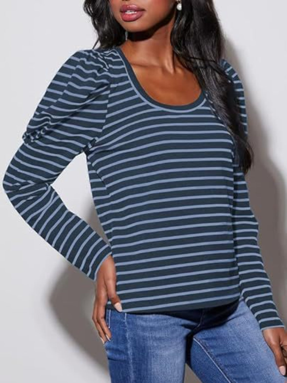 Striped Round Neck Long Sleeve T-Shirt-Angel Casuals