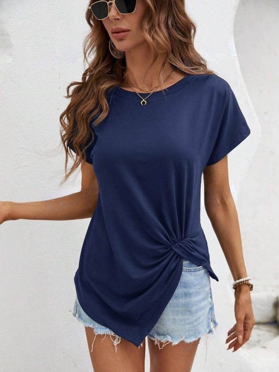 Asymmetric Hem Round Neck T-Shirt-Angel Casuals