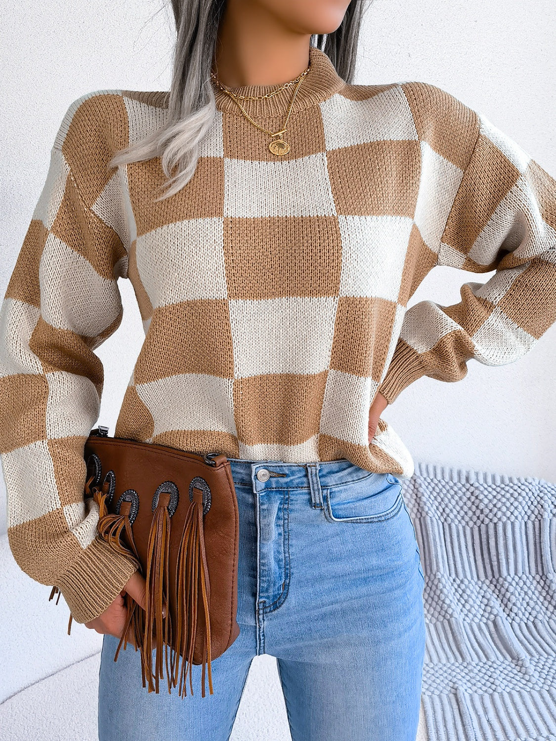 Checkered Mock Neck Long Sleeve Sweater-Angel Casuals