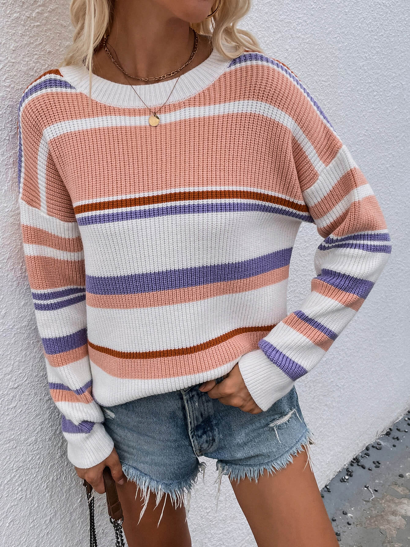 Striped Drop Shoulder Round Neck Pullover Sweater-Angel Casuals