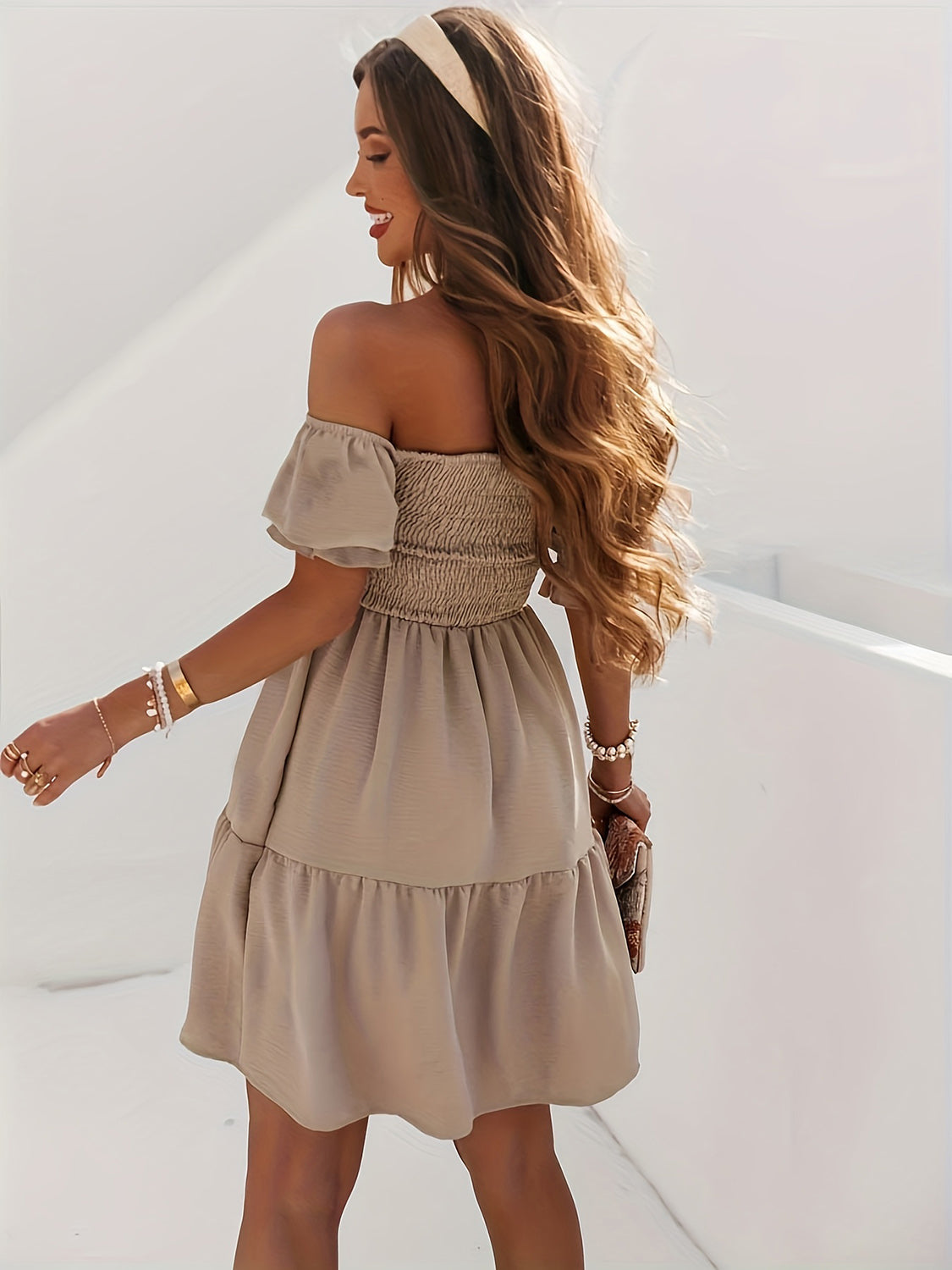 Full Size Ruffled Off-Shoulder Short Sleeve Dress-Angel Casuals