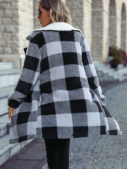 Plaid Open Front Coat with Pockets-Angel Casuals