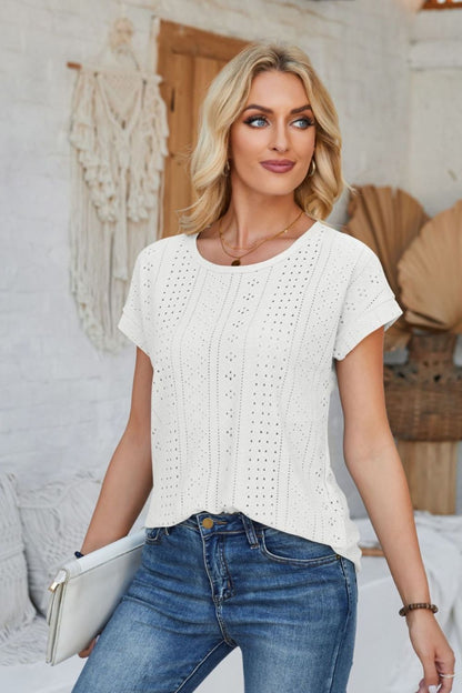 Eyelet Round Neck Rolled Short Sleeve T-Shirt-Angel Casuals