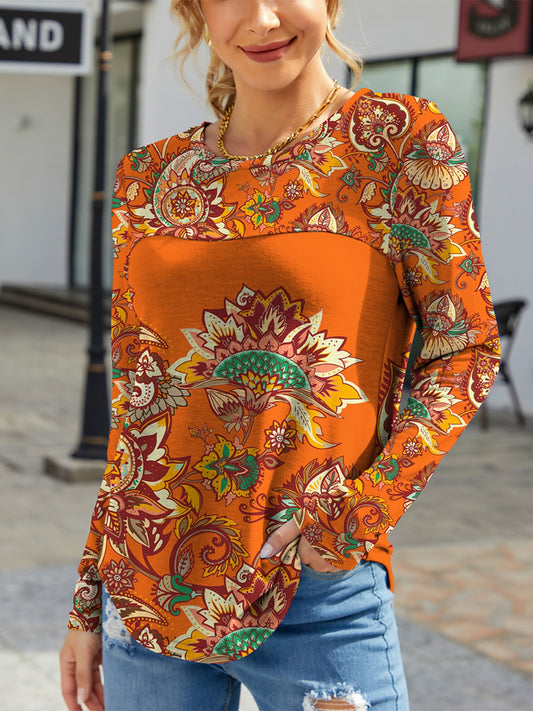 FAM-FAM Printed Round Neck Long Sleeve T-Shirt-Angel Casuals