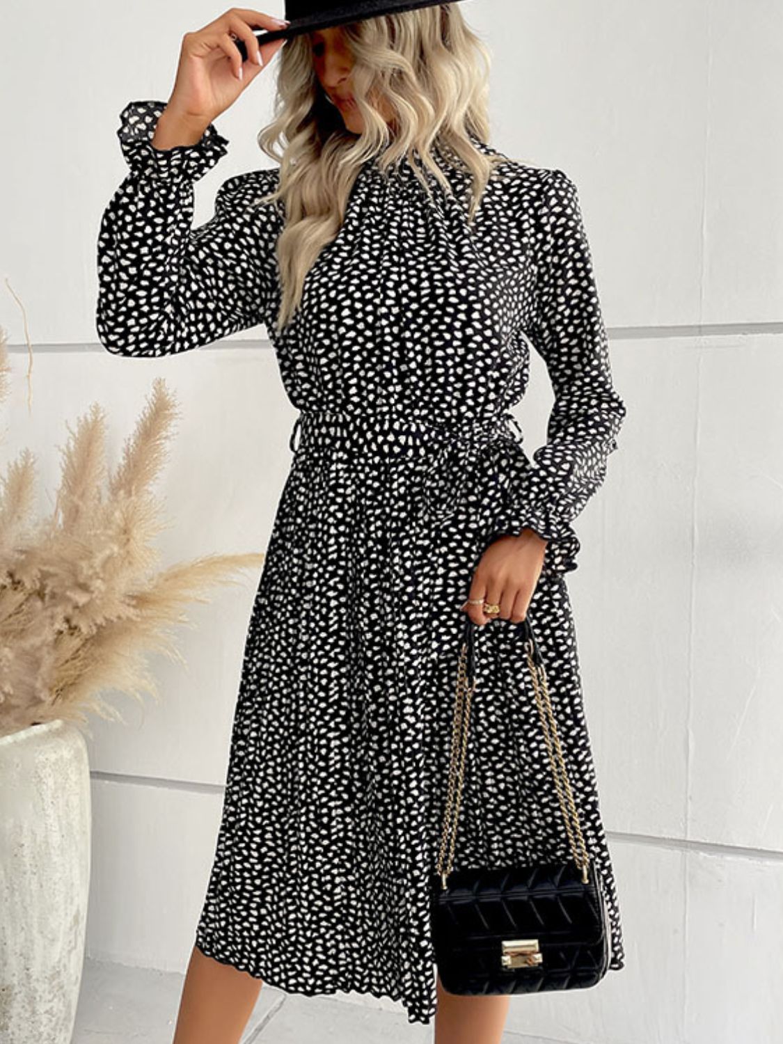 Printed Tie-Waist Flounce Sleeve Keyhole Midi Dress-Angel Casuals