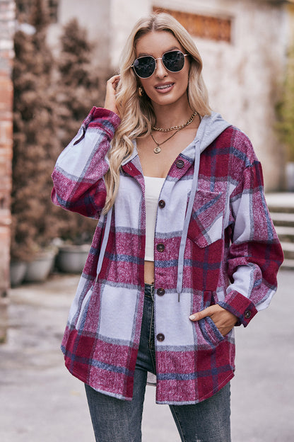 Mandy Plaid Dropped Shoulder Hooded Jacket-Angel Casuals