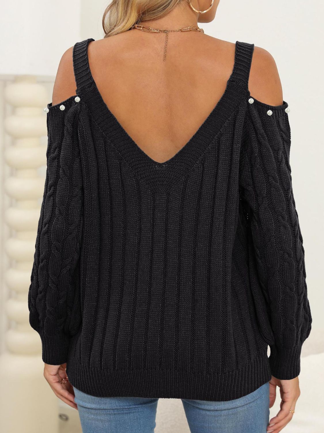 Cable-Knit Cold Shoulder Sweater-Angel Casuals