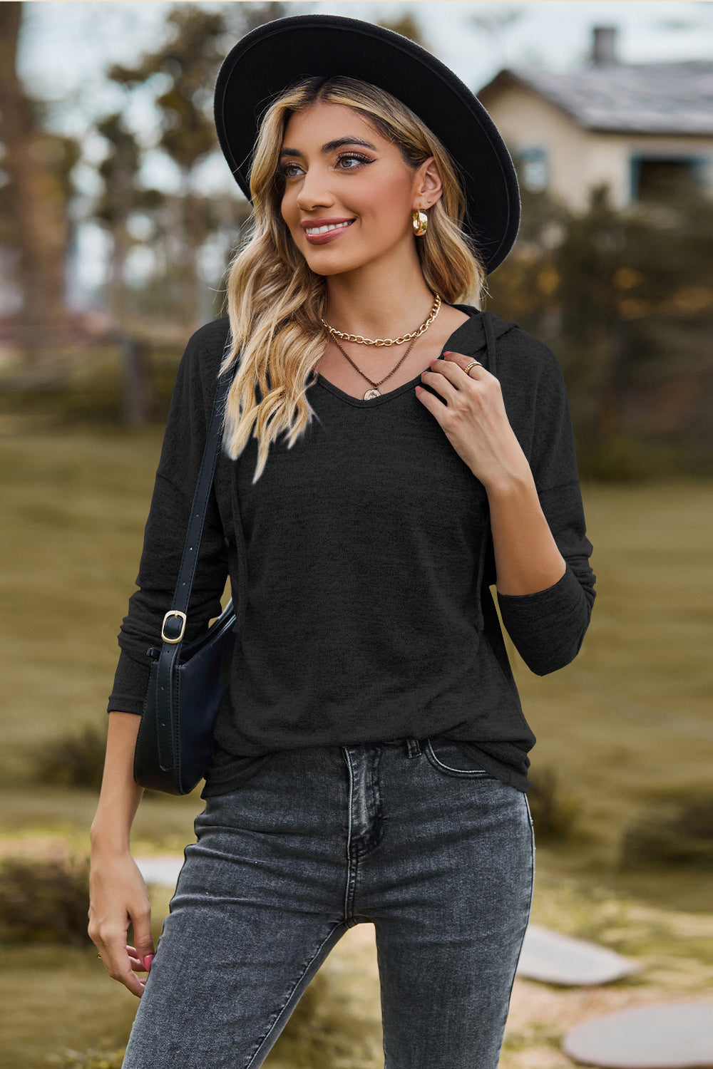 Drawstring Dropped Shoulder Hooded T-Shirt-Angel Casuals