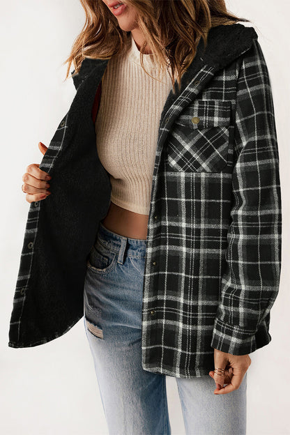 Plaid Snap Down Hooded Jacket-Angel Casuals