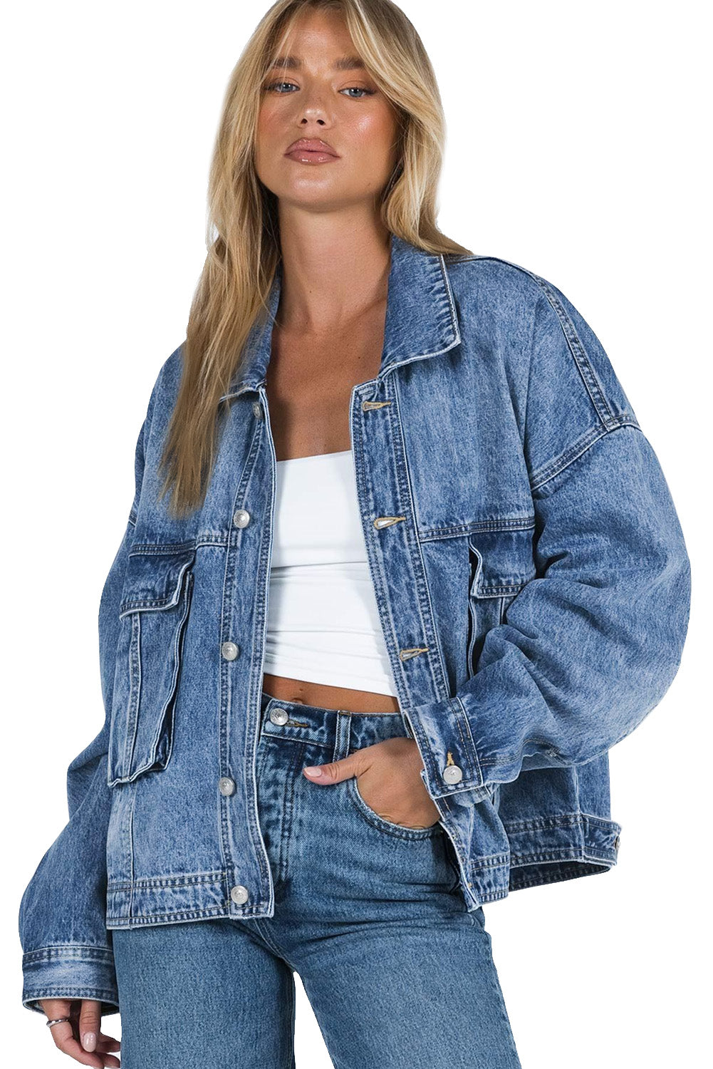 Collared Neck Button Up Denim Jacket-Angel Casuals