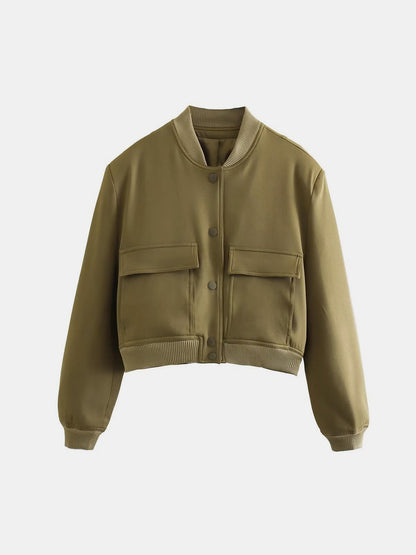 Pocketed Snap Down Baseball Collar Jacket-Angel Casuals