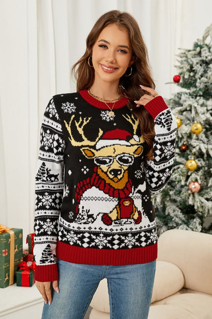 Christmas Pattern Round Neck Long Sleeve Sweater-Angel Casuals