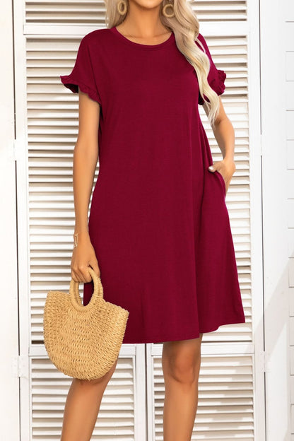 Flounce Sleeve Round Neck Dress with Pockets-Angel Casuals