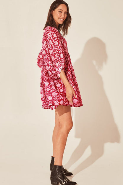 Floral Tie Neck Lantern Sleeve Dress-Angel Casuals