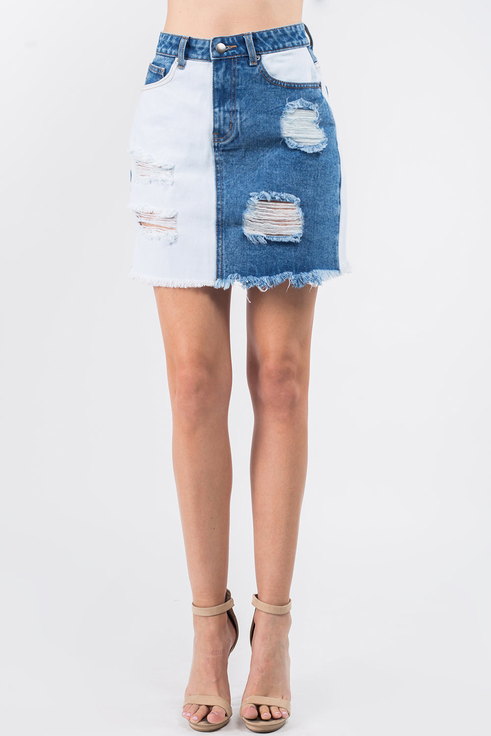 American Bazi Contrast Patched Frayed Denim Distressed Skirts-Angel Casuals