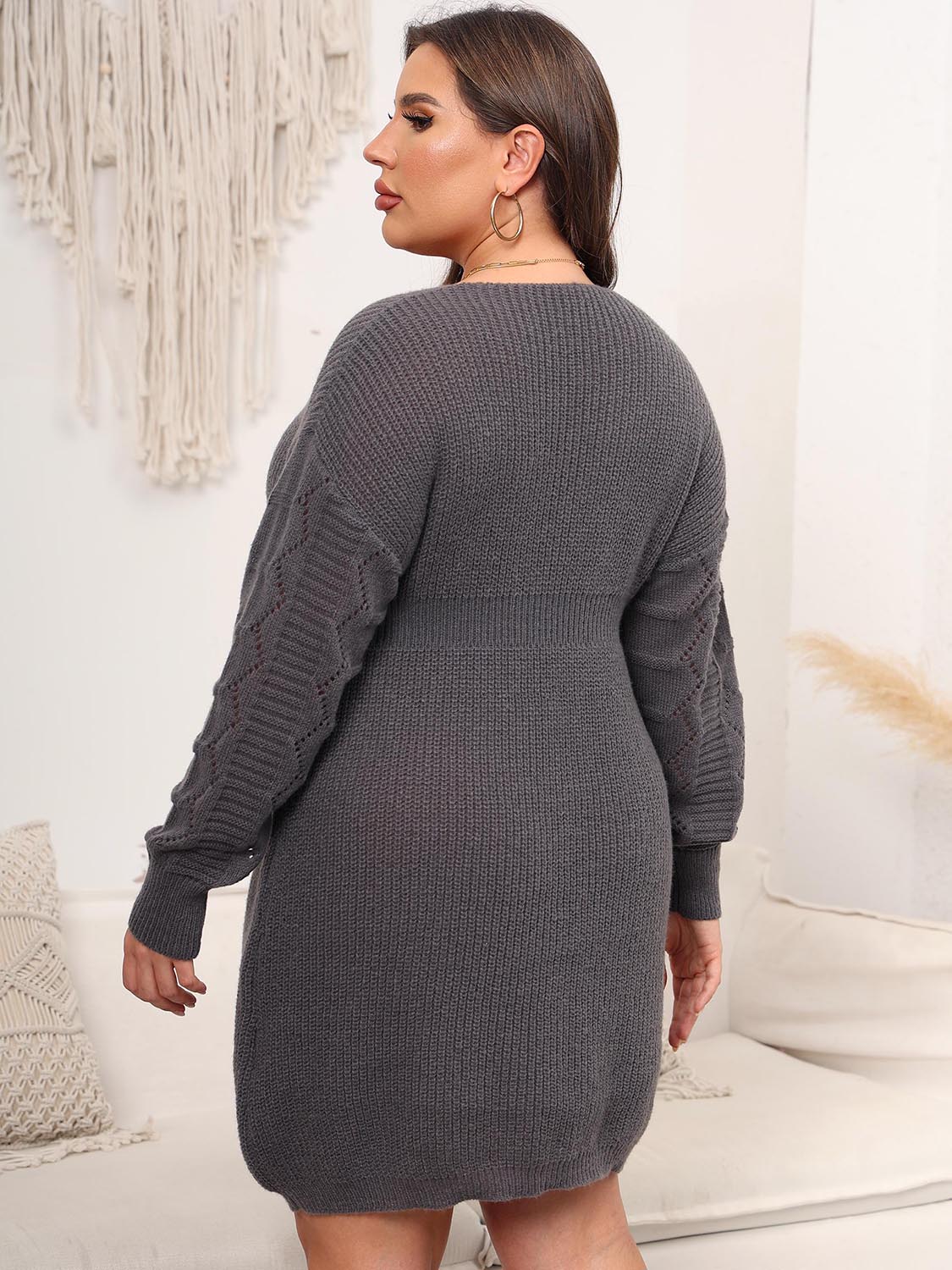 Plus Size Dropped Shoulder Long Sleeve Knit Mini Dress-Angel Casuals