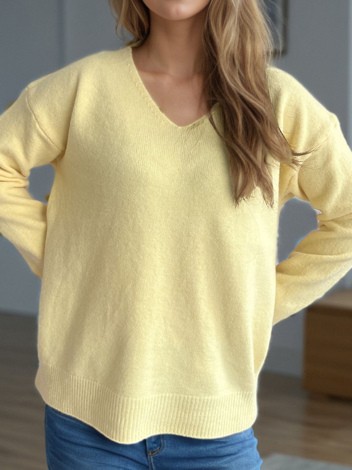 V-Neck Dropped Shoulder Long Sleeve Sweater-Angel Casuals