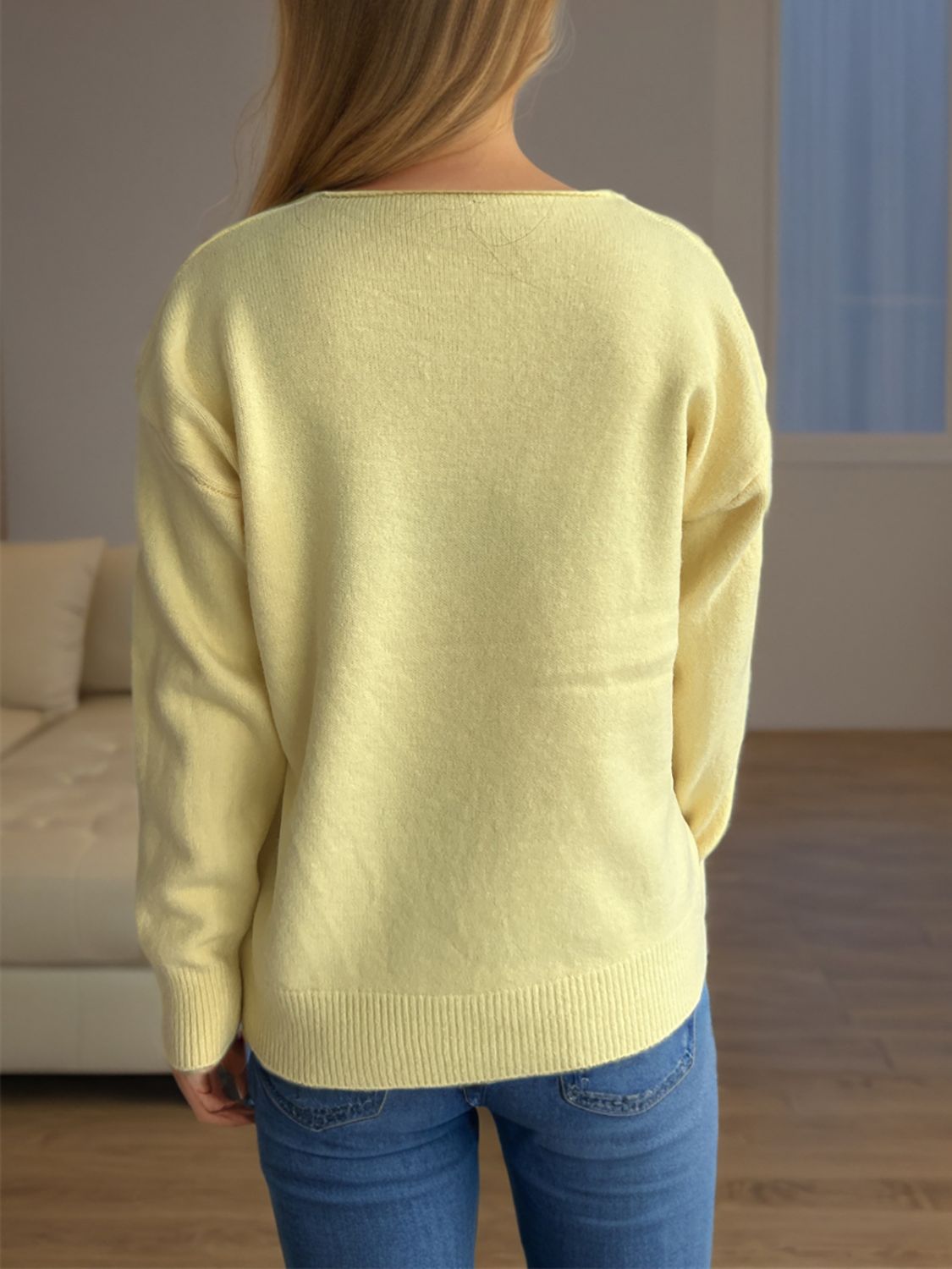 V-Neck Dropped Shoulder Long Sleeve Sweater-Angel Casuals