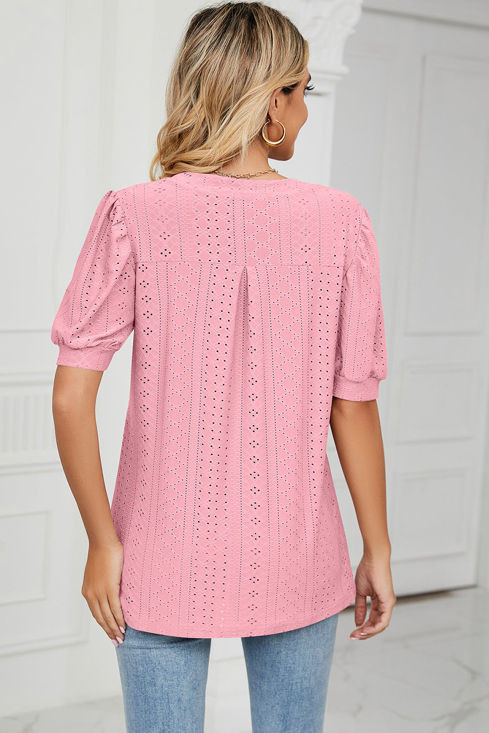 Eyelet Notched Short Sleeve T-Shirt-Angel Casuals