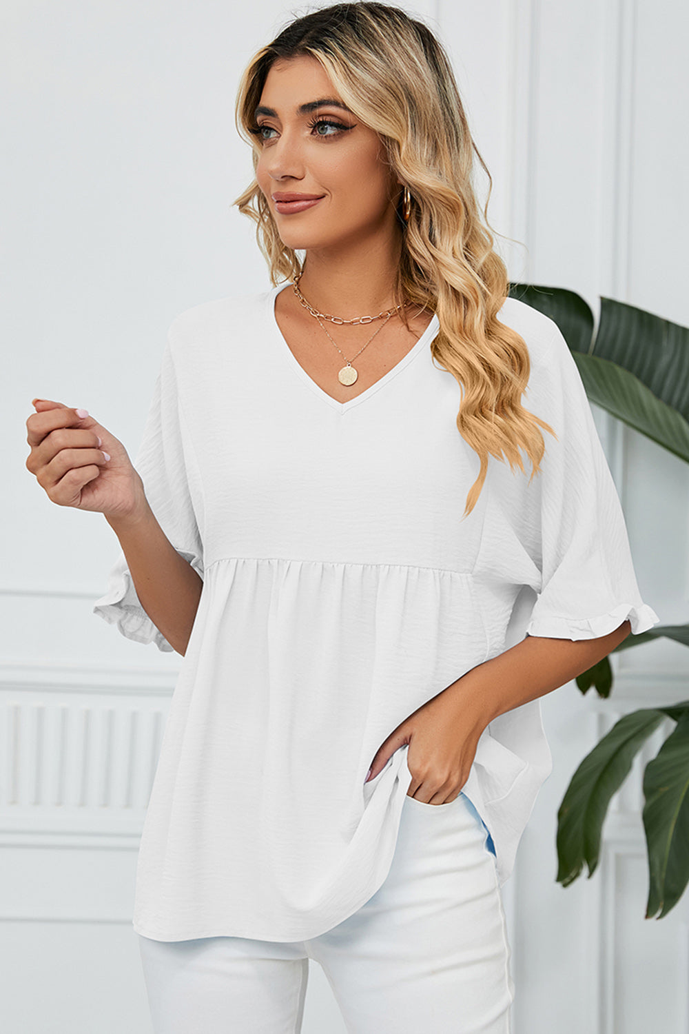 Peplum V-Neck Half Sleeve T-Shirt-Angel Casuals