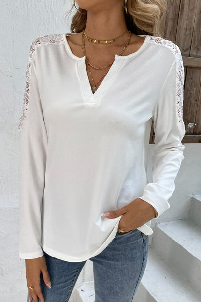 Spliced Lace Notched Neck Top-Angel Casuals