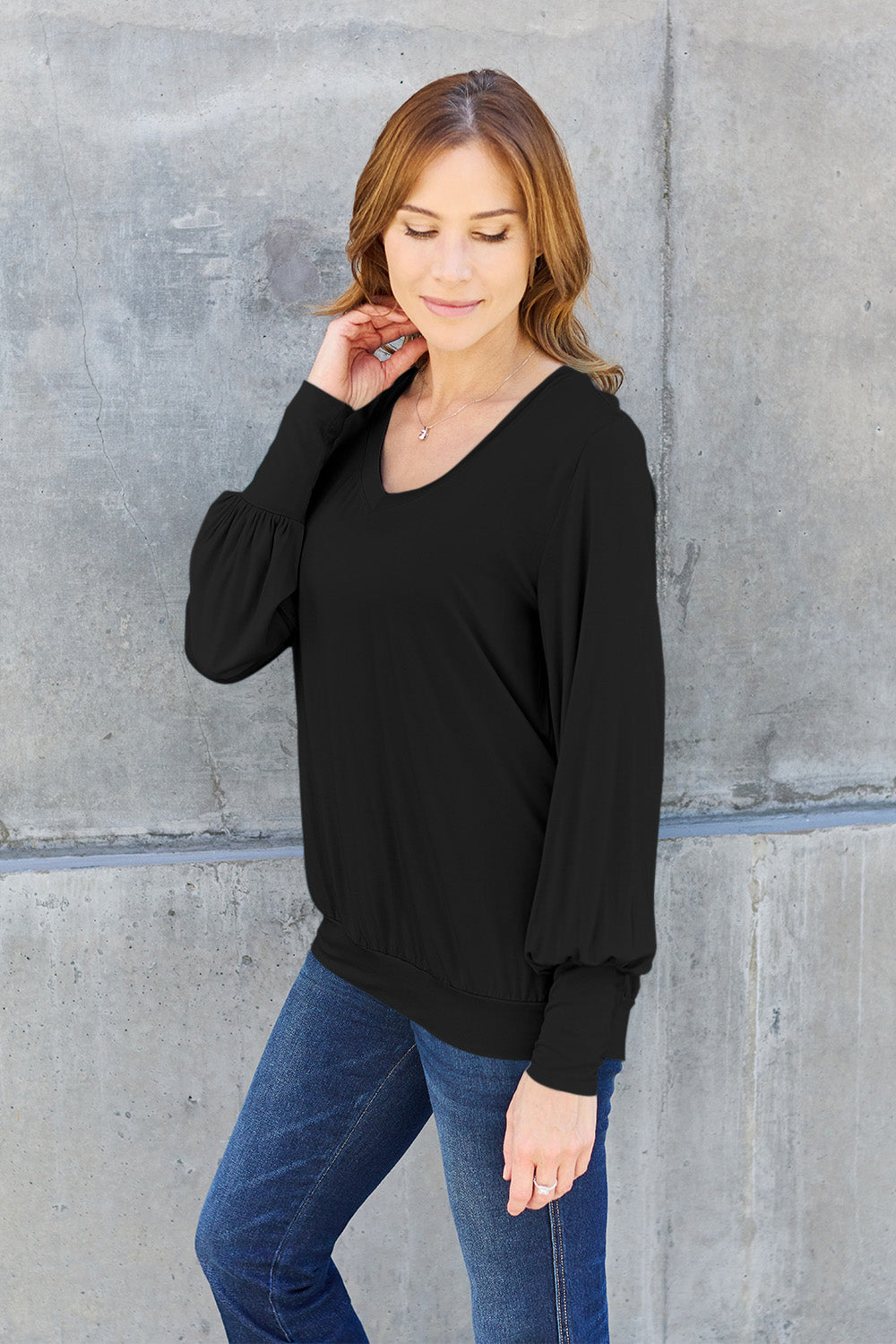 Basic Bae Full Size V-Neck Lantern Sleeve Blouse-Angel Casuals