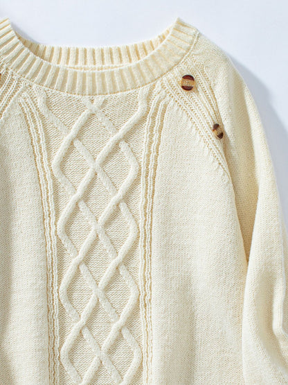 Decorative Button Round Neck Raglan Sleeve Sweater-Angel Casuals