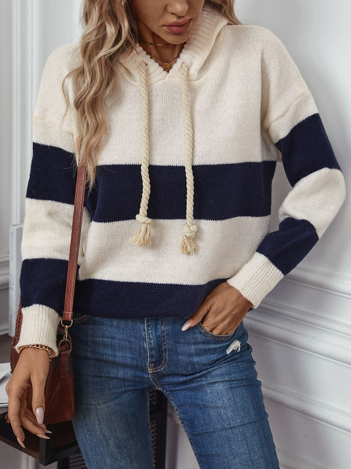 Drawstring Contrast Stripe Dropped Shoulder Hooded Sweater-Angel Casuals