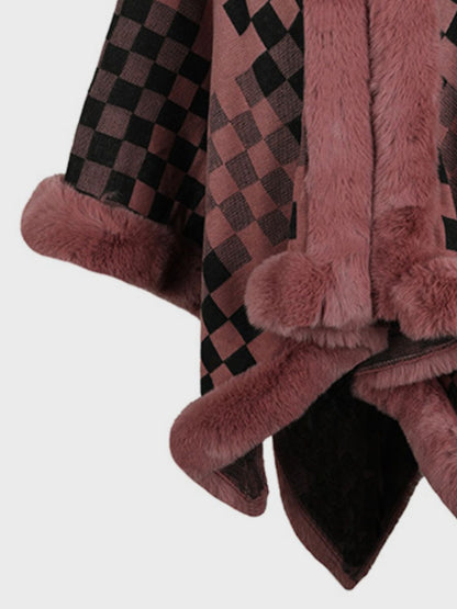 Fuzzy Checkered Long Sleeve Poncho-Angel Casuals