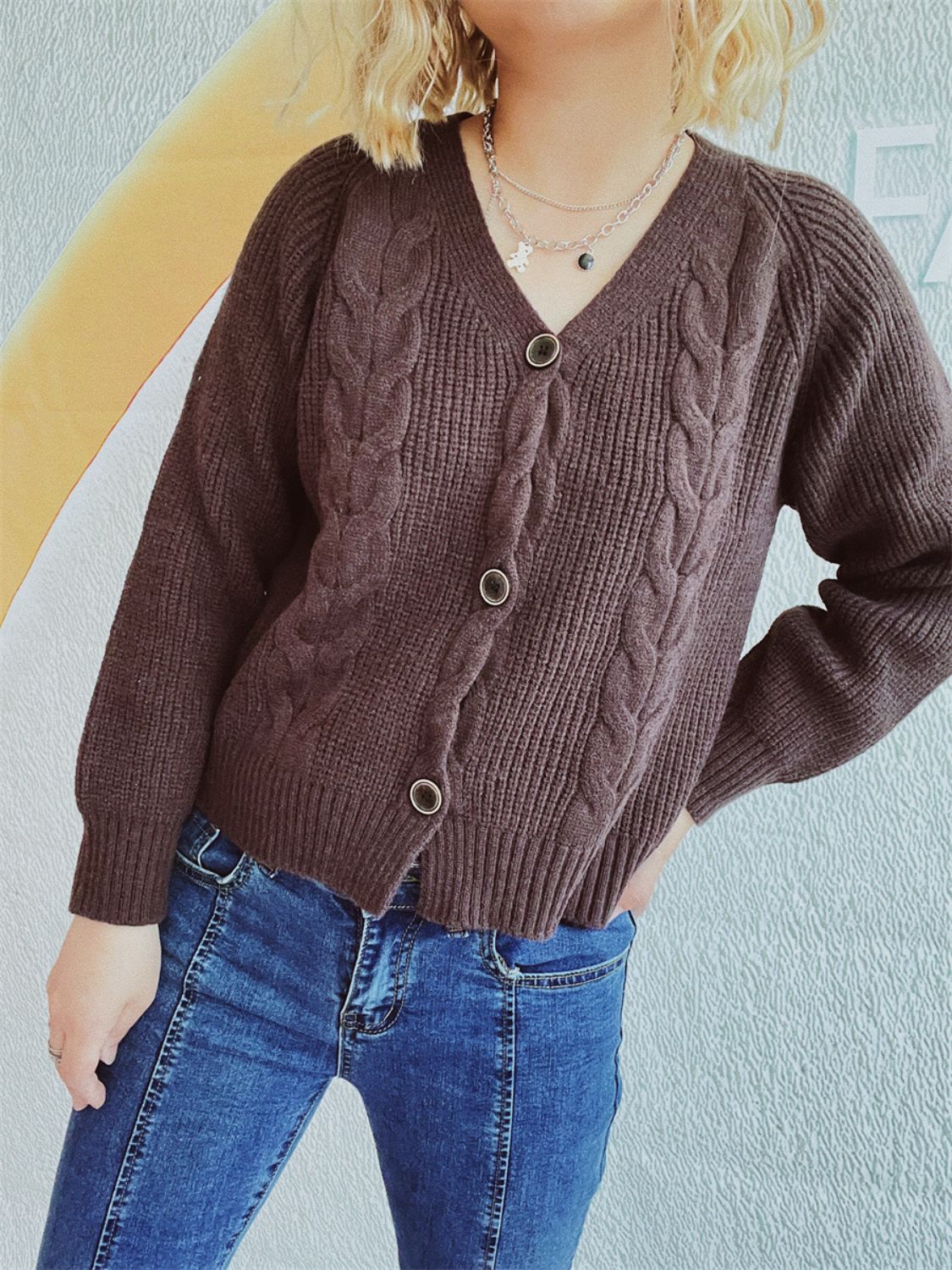 Cable-Knit V-Neck Button Down Long Sleeve Cardigan-Angel Casuals