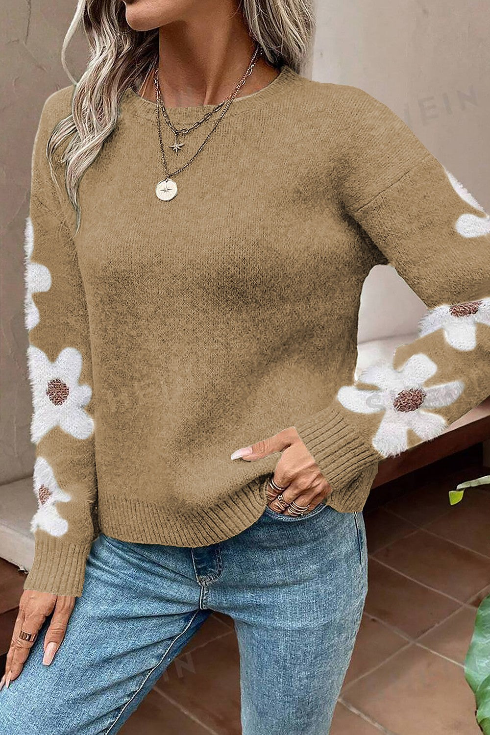 Flower Round Neck Long Sleeve Sweater-Angel Casuals