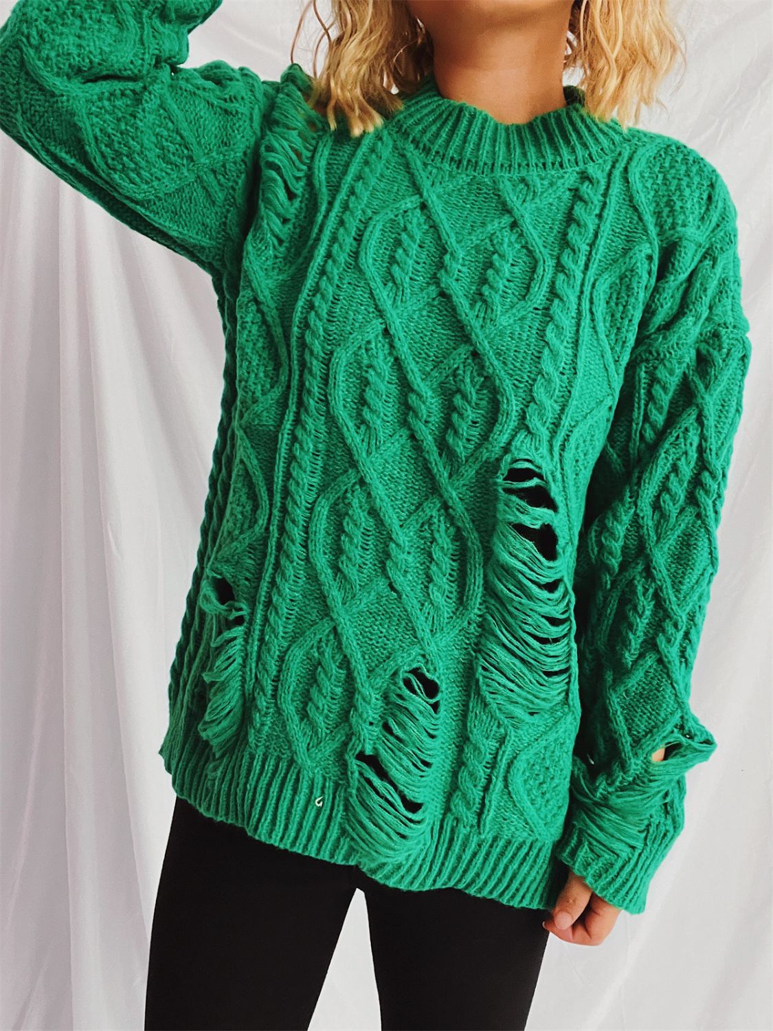 Distressed Cable-Knit Round Neck Long Sleeve Sweater-Angel Casuals