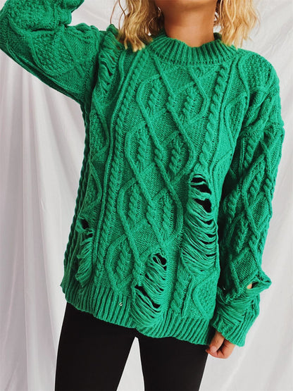 Distressed Cable-Knit Round Neck Long Sleeve Sweater-Angel Casuals