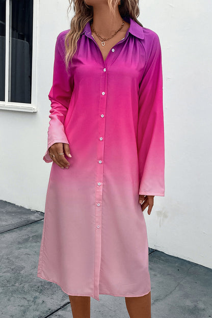 Gradient Long Sleeve Shirt Dress-Angel Casuals